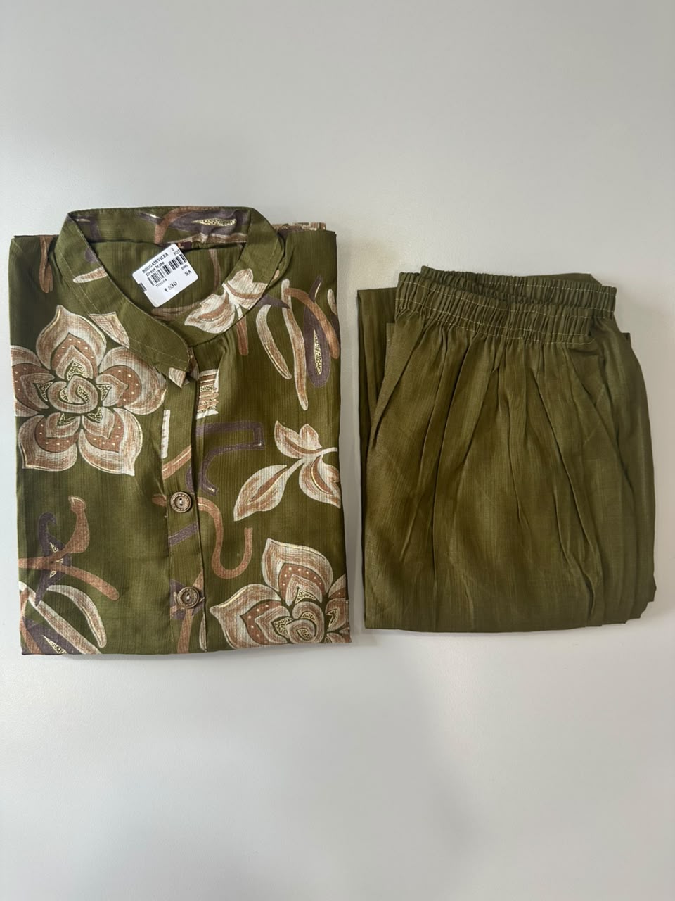 OLIVE GREEN FLORAL PRINTED VATICAN SILK KURTI SET