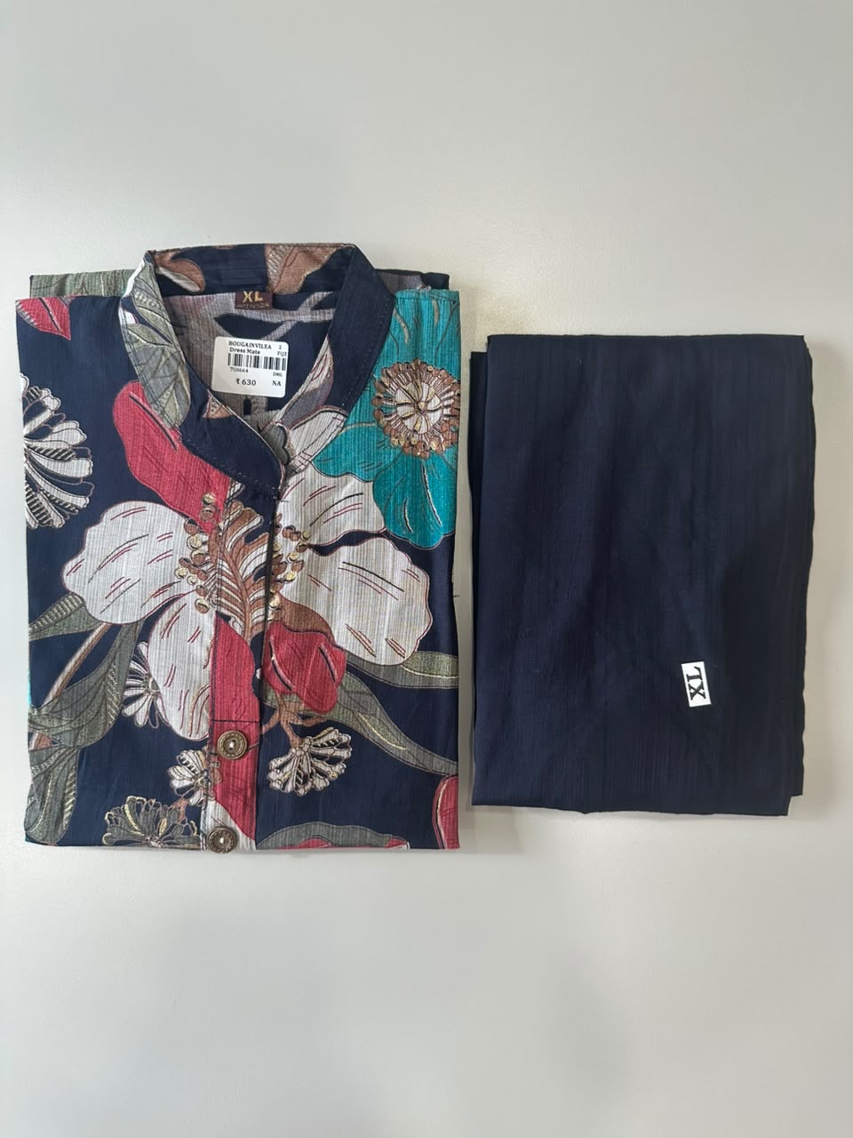 NAVY BLUE FLORAL PRINTED VATICAN SILK KURTI SET
