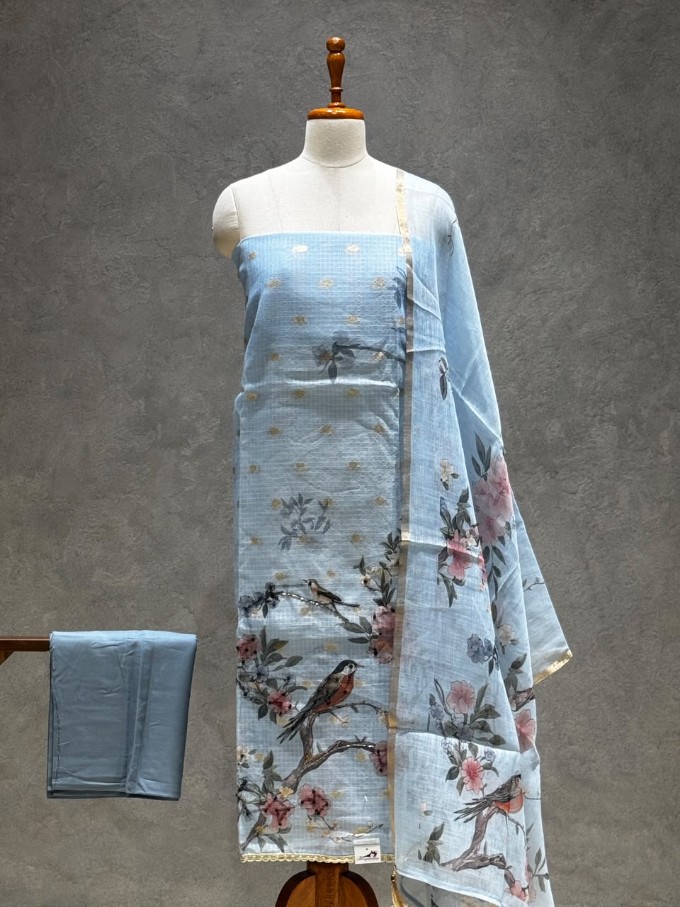 BIRD & FLORAL PRINT SKY BLUE SILK SALWAR MATERIAL SET