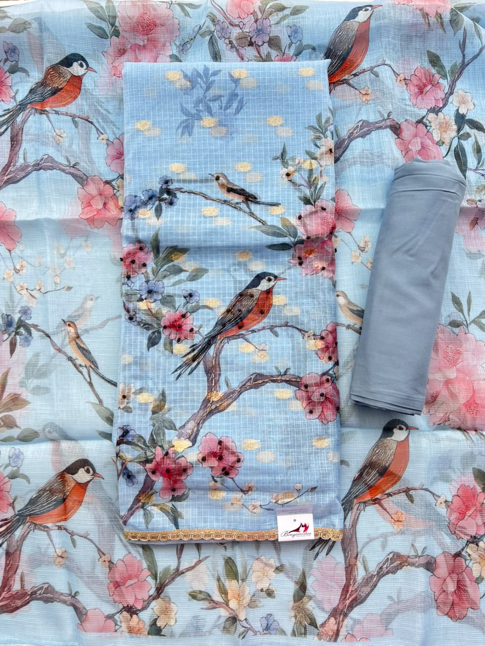 BIRD & FLORAL PRINT SKY BLUE SILK SALWAR MATERIAL SET