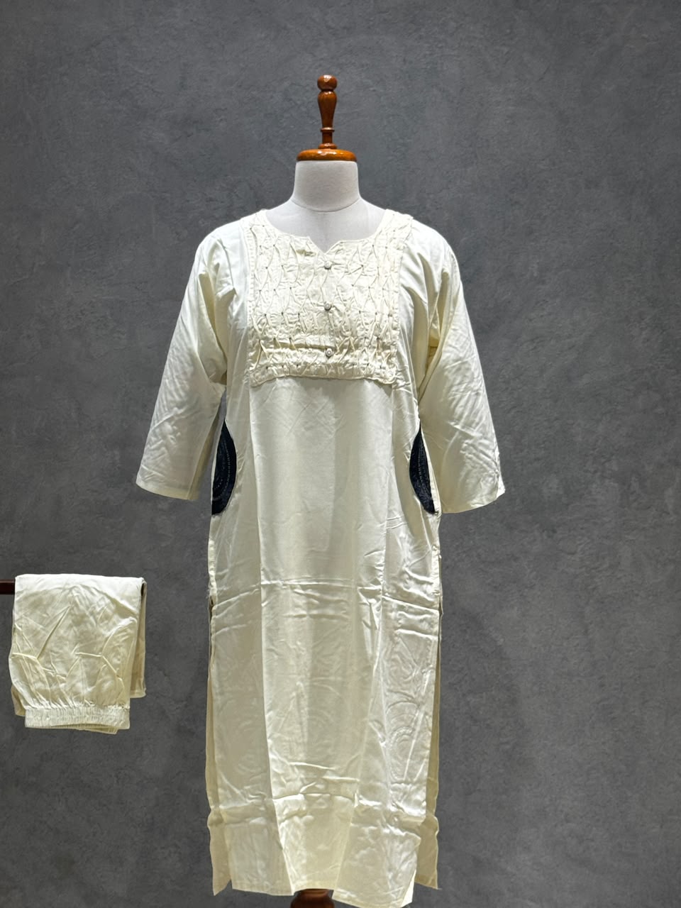 IVORY SALWAR SET WITH BLACK PRINTED SHAWL