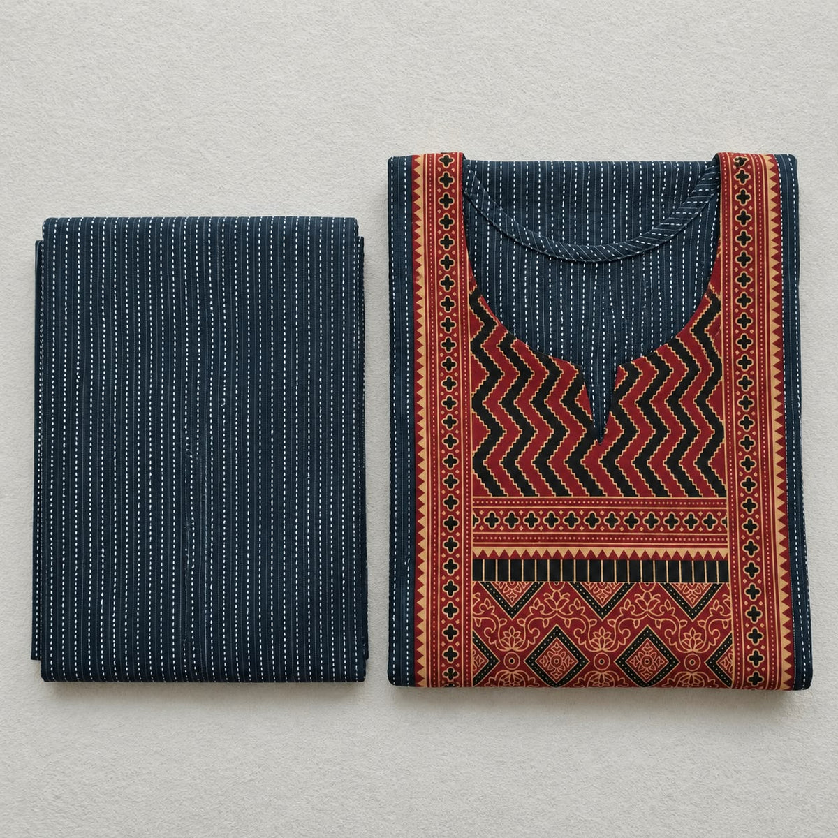 KANTHA KURTHI SET (BLUE GEOMETRIC)