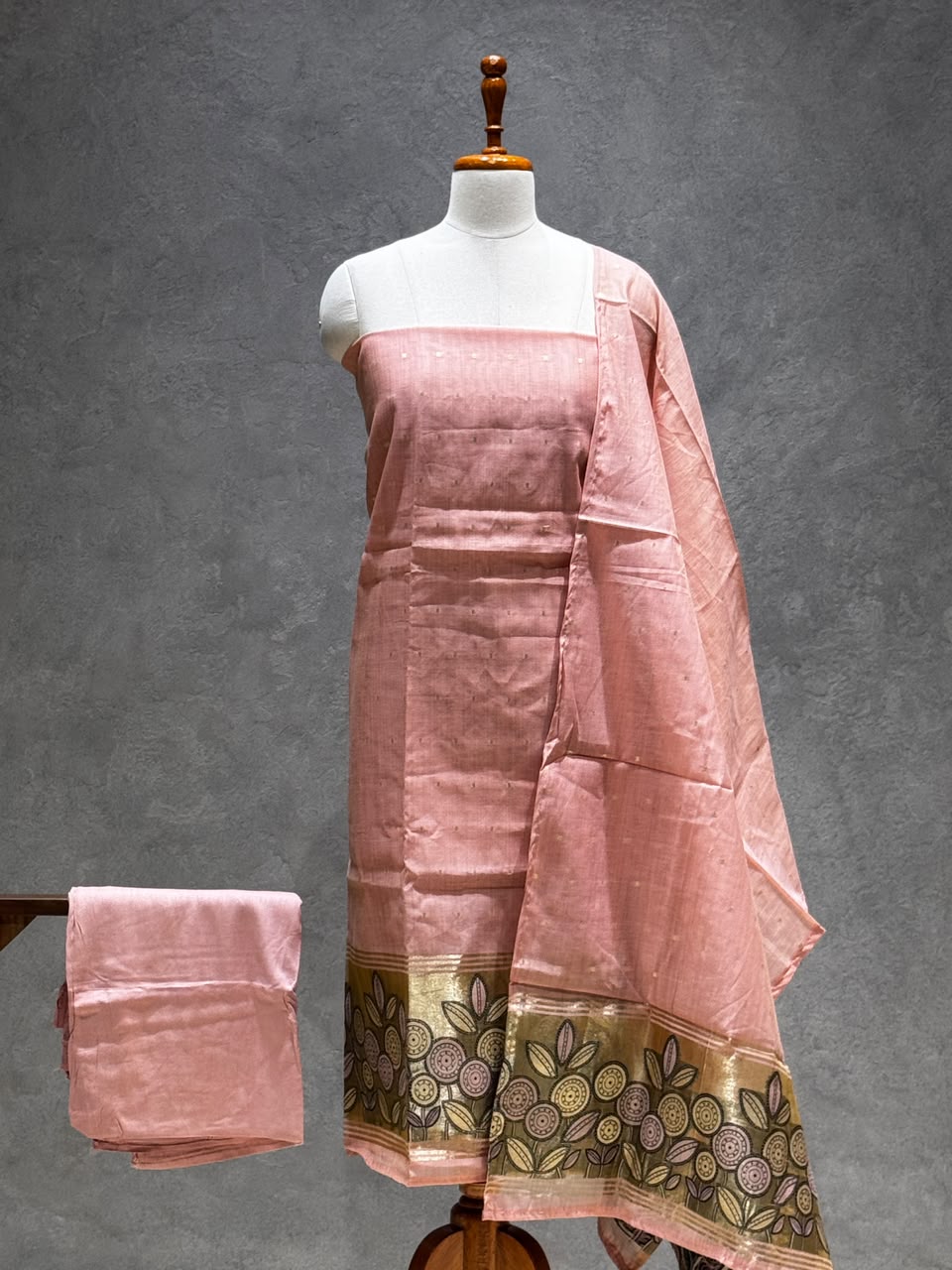 DUSTY PINK FLORAL BORDER SILK SALWAR MATERIAL SET