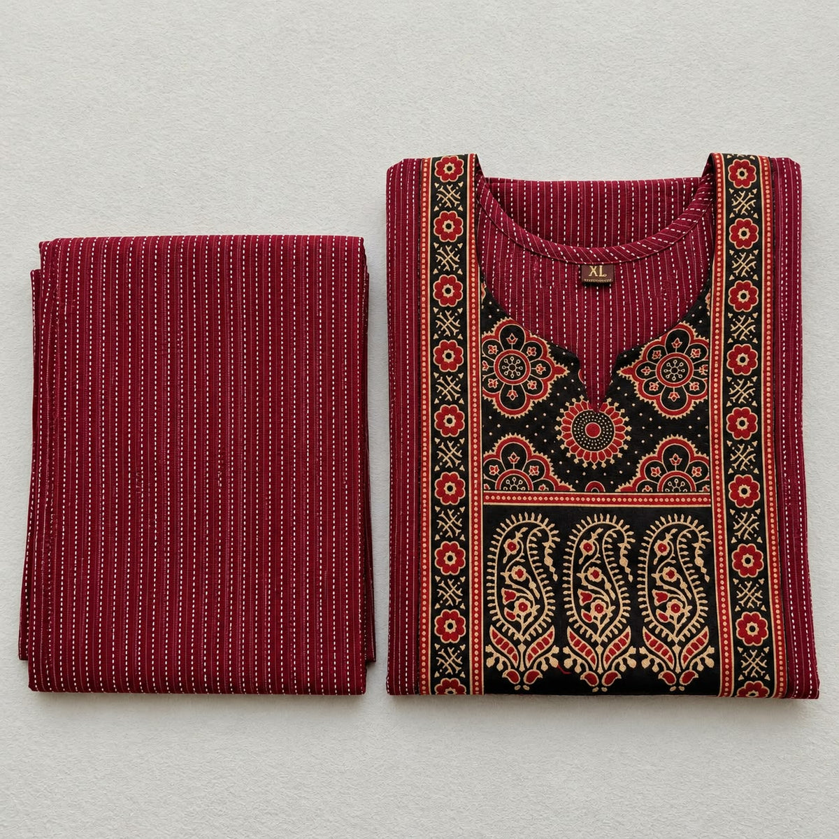 KANTHA KURTHI SET (DARK MAROON MANGO)
