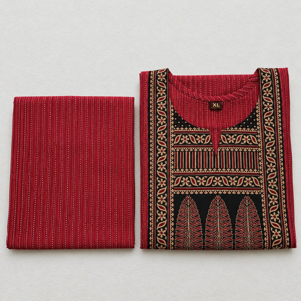 KANTHA KURTHI SET (RED LEAF)