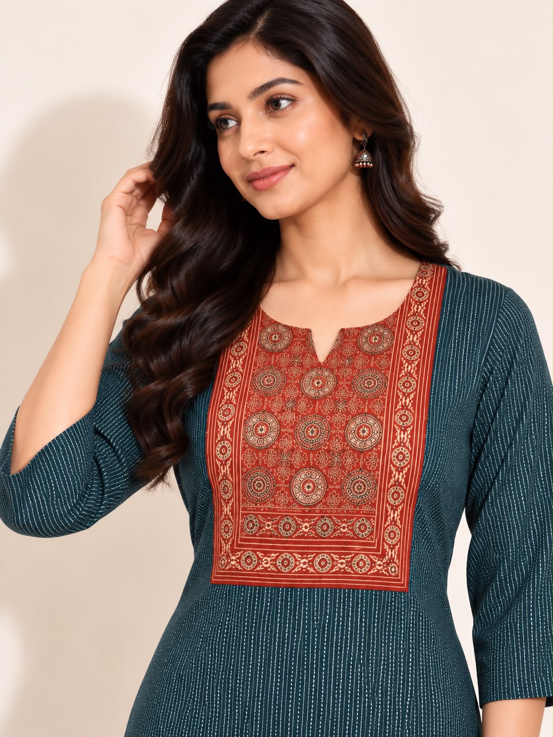 KANTHA KURTHI SET (GREEN AJRAKH)