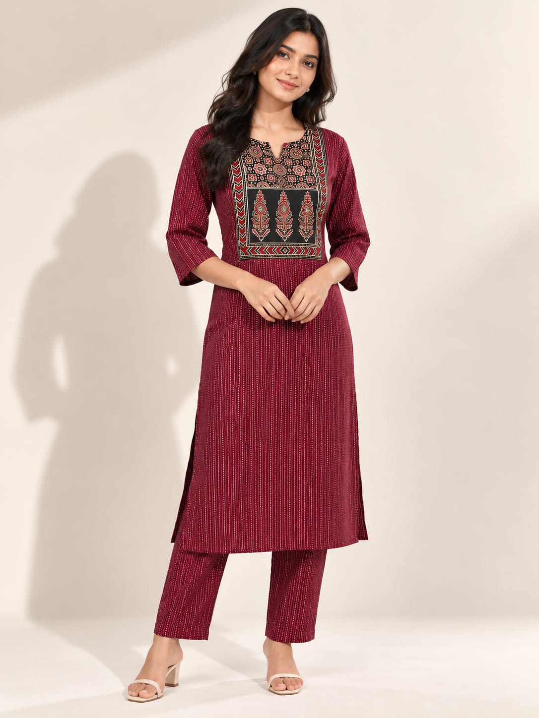 KANTHA KURTHI SET (DARK MAROON KANTHA)