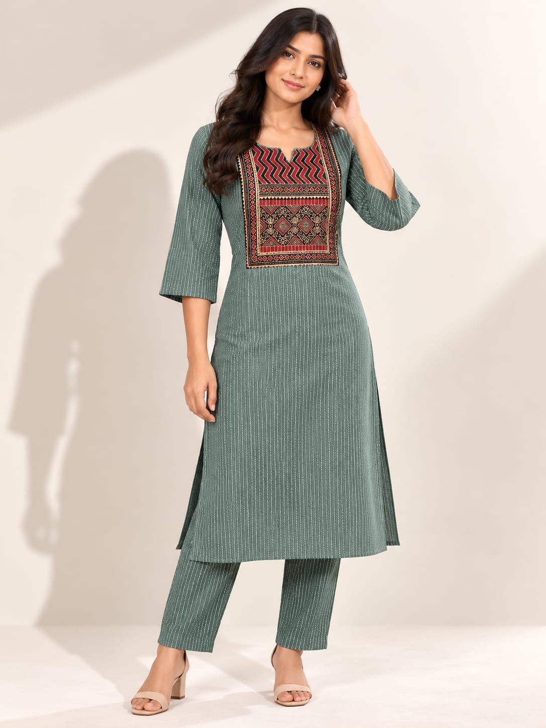 KANTHA KURTHI SET (MINT GEOMETRIC)