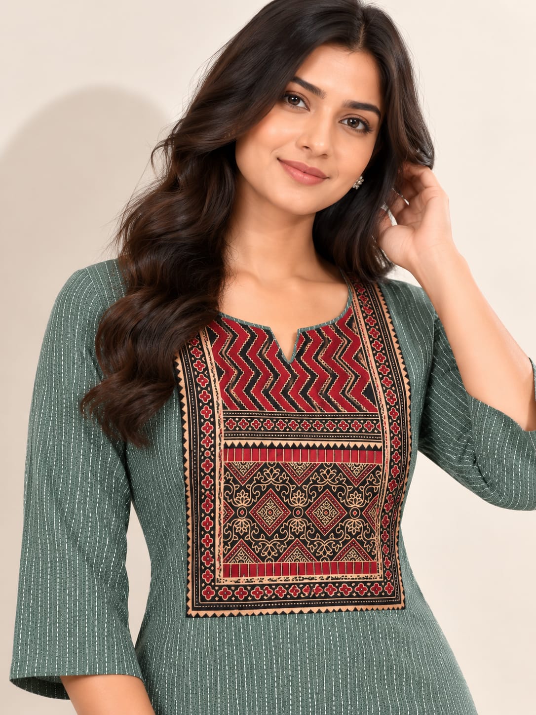 KANTHA KURTHI SET (MINT GEOMETRIC)