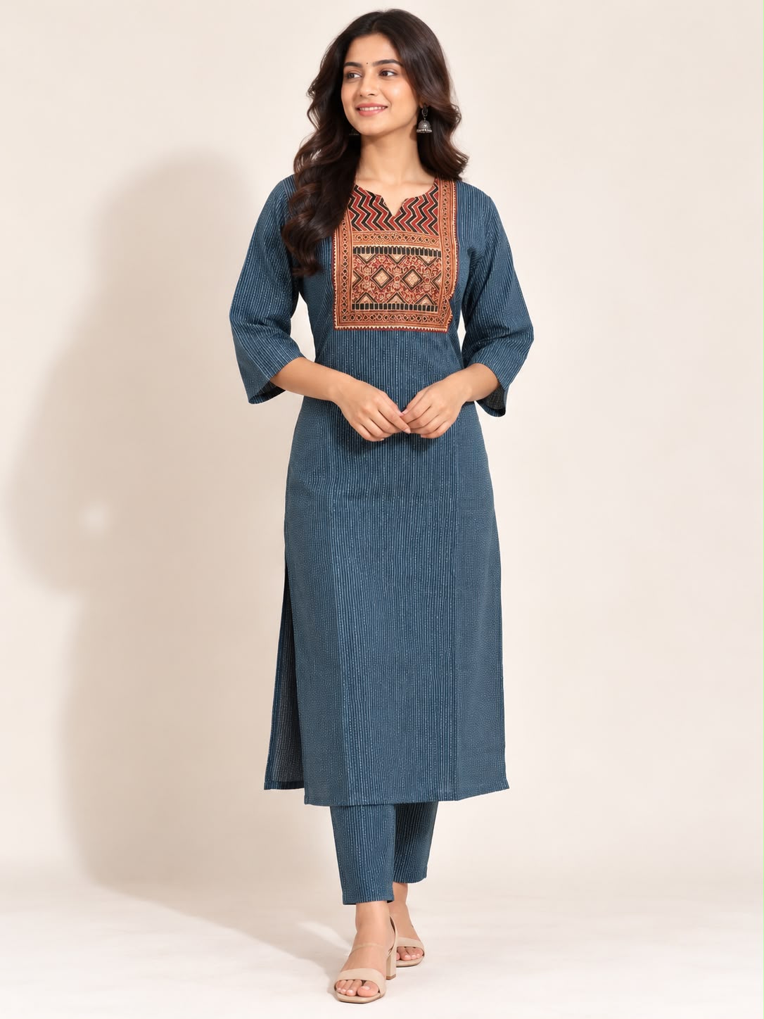 KANTHA KURTHI SET (BLUE GEOMETRIC)