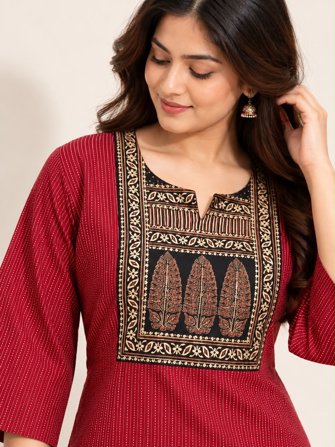 KANTHA KURTHI SET (RED LEAF)