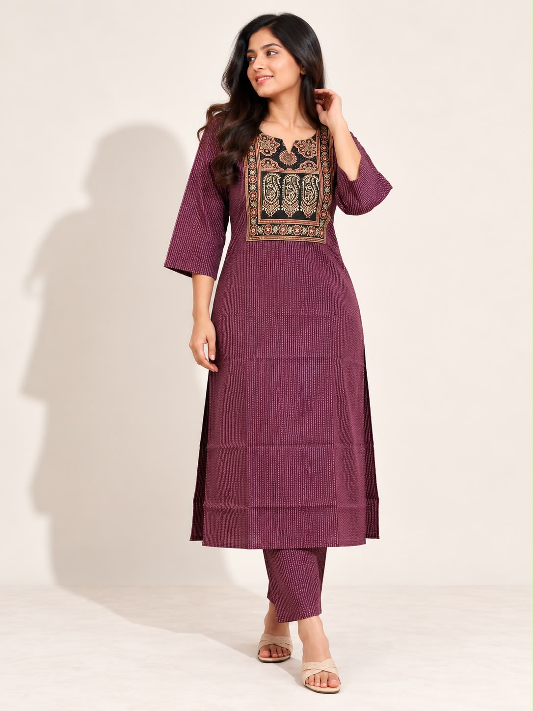 KANTHA KURTHI SET (DARK MAROON MANGO)