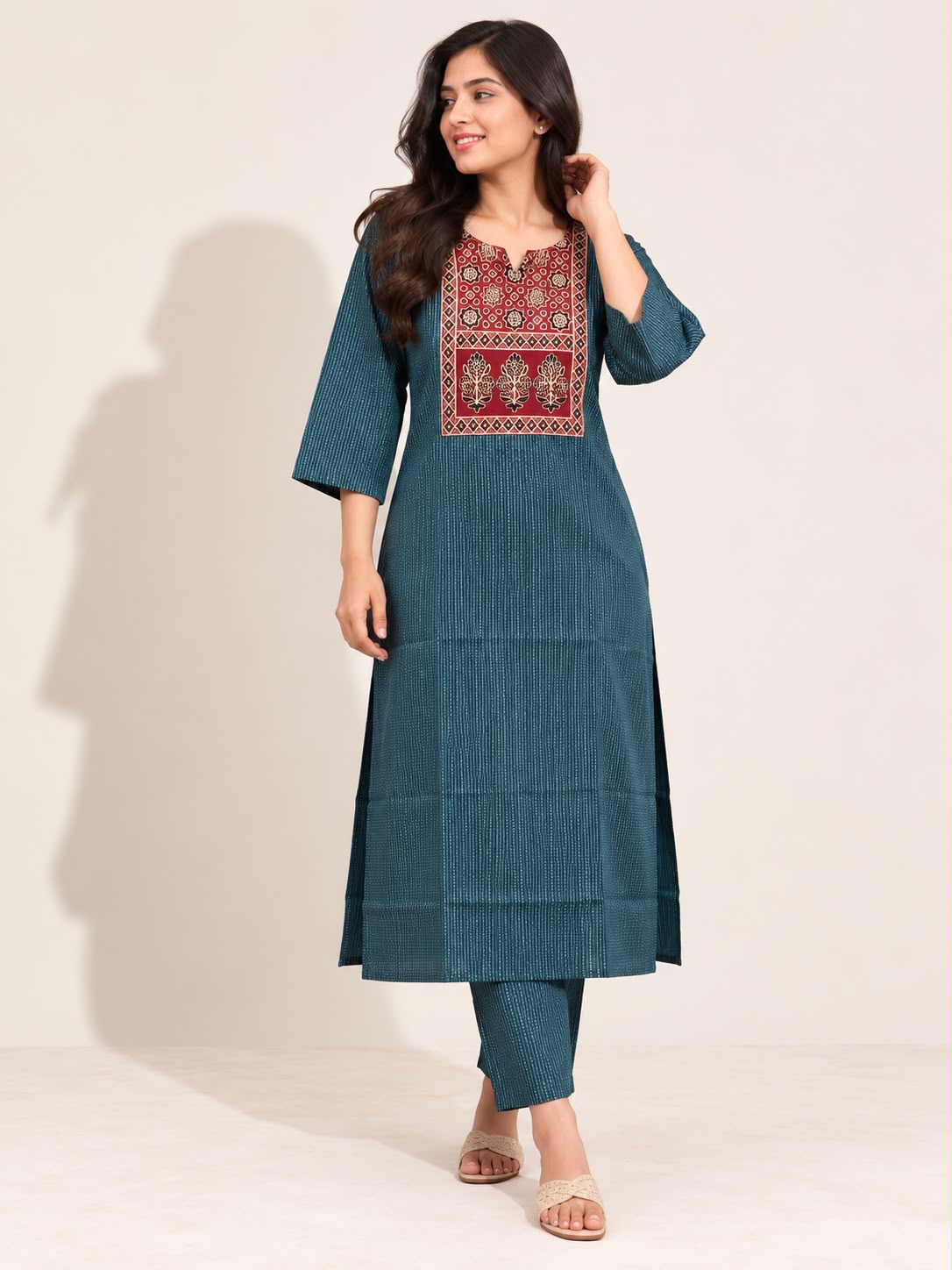 KANTHA KURTHI SET (GREEN FLORAL)