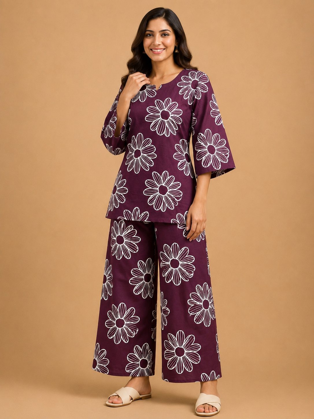 AUBERGINE PURPLE COTTON FLORAL PRINT CASUAL WEAR