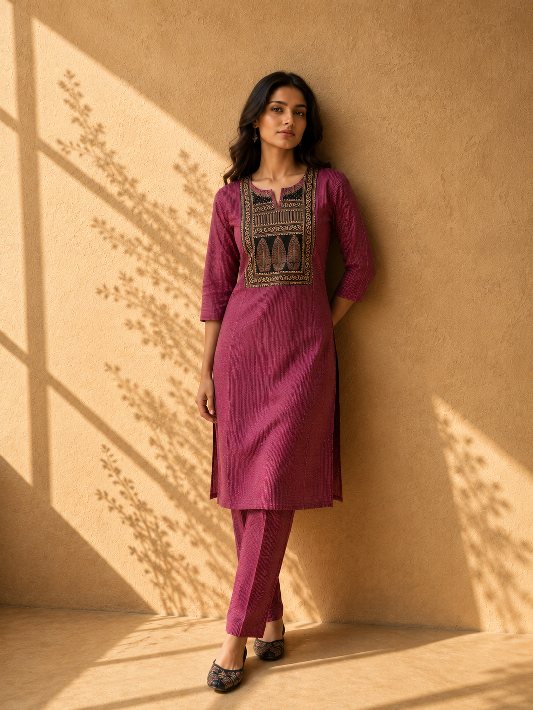 KANTHA KURTHI SET (DARK MAROON LEAF)