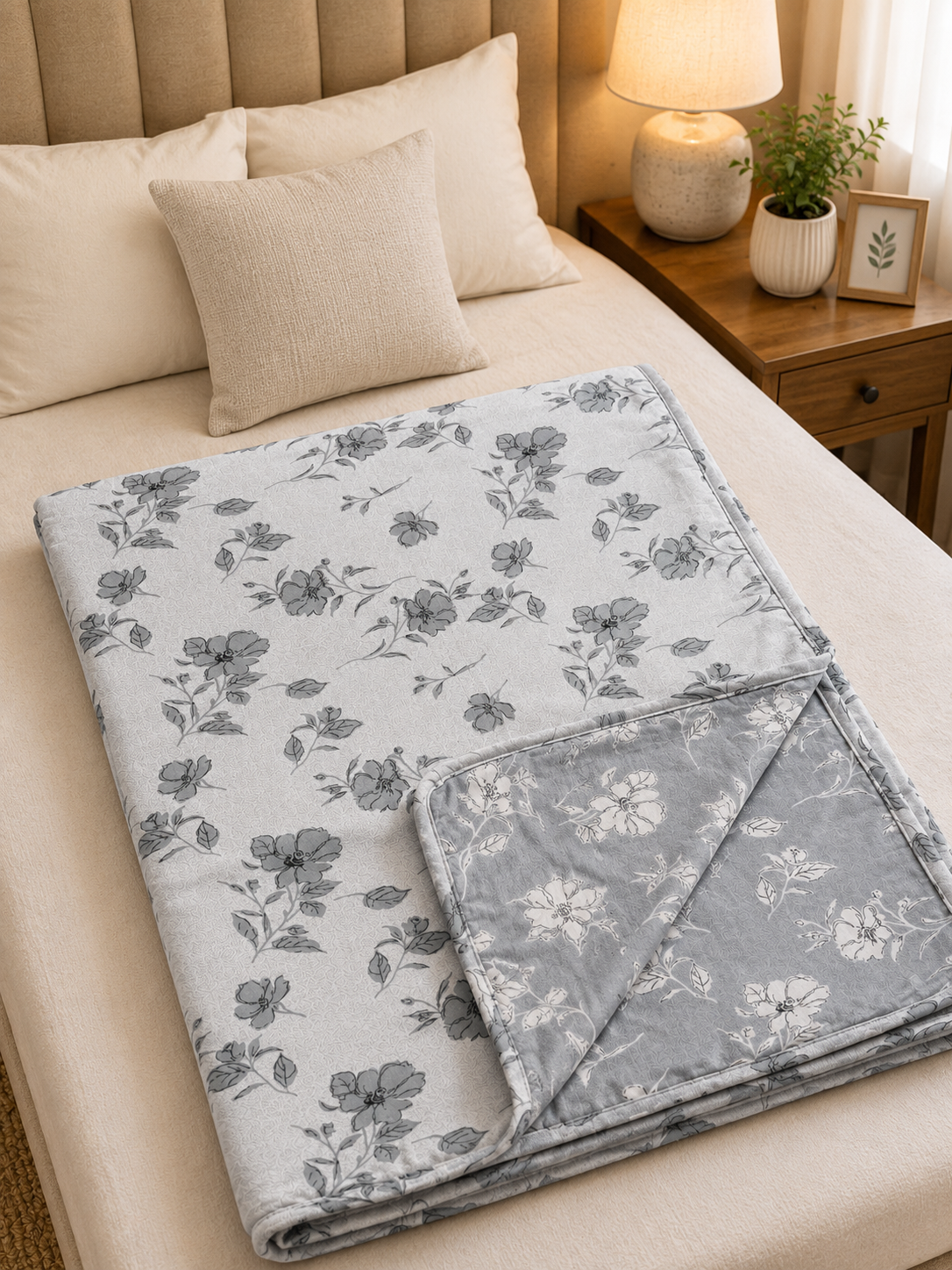 SILVER GREY FLORAL PRINTED COTTON DOHAR