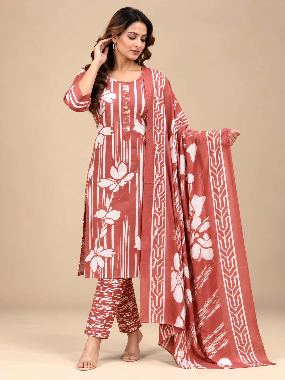 RUST RED FLORAL STRIPED PRINTED COTTON-BLEND SALWAR SET
