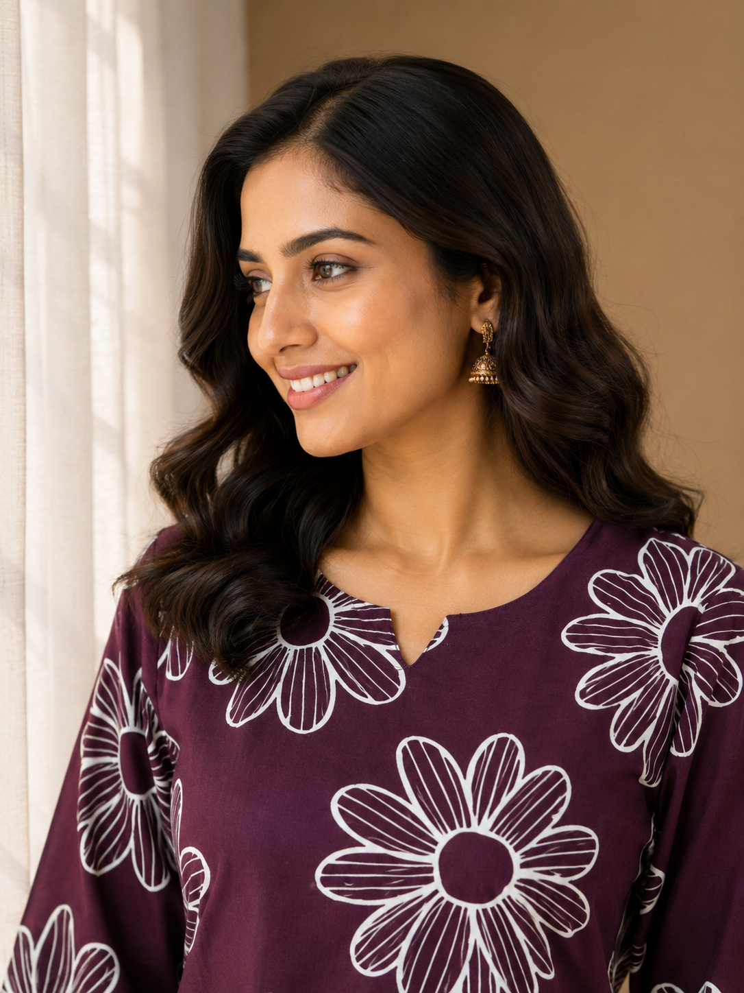 AUBERGINE PURPLE COTTON FLORAL PRINT CASUAL WEAR