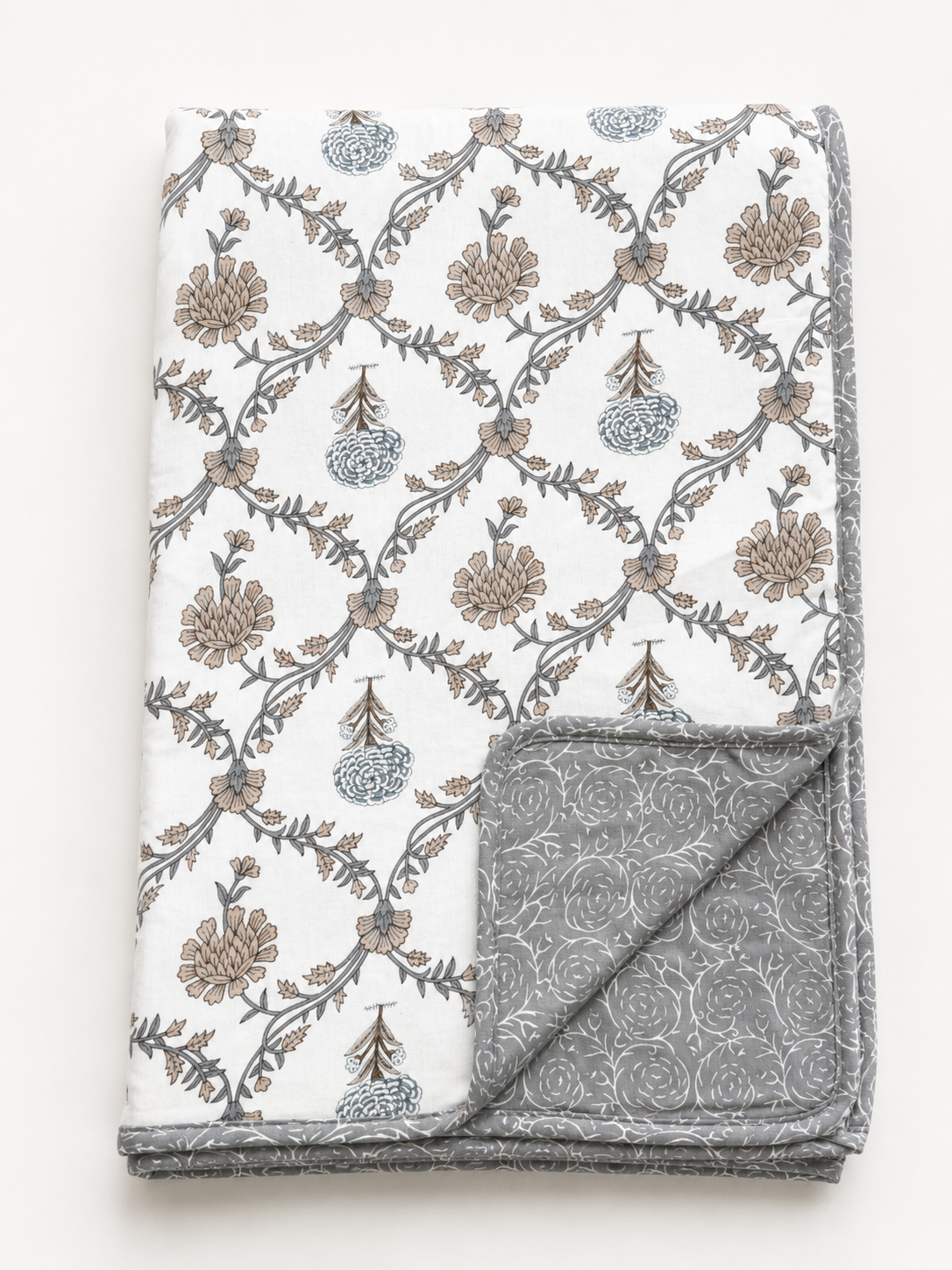 TAUPE GREY FLORAL VINE PRINTED COTTON DOHAR
