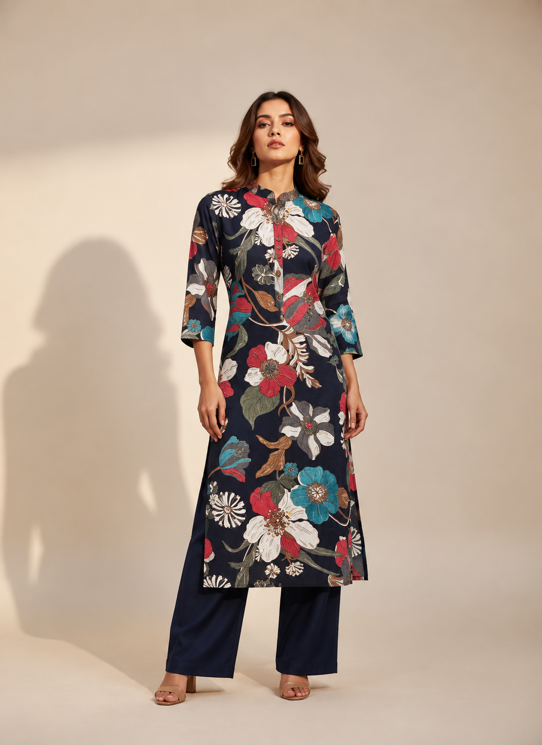 NAVY BLUE FLORAL PRINTED VATICAN SILK KURTI SET