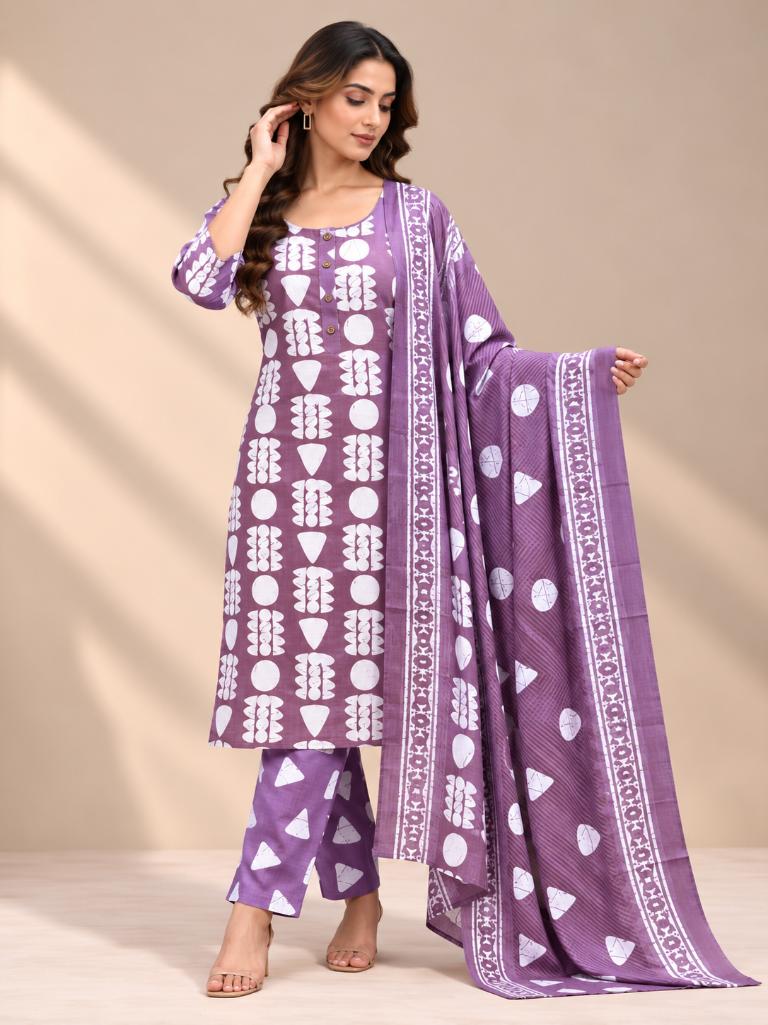 LAVENDER FLORAL & ABSTRACT PRINTED COTTON-BLEND SALWAR SET
