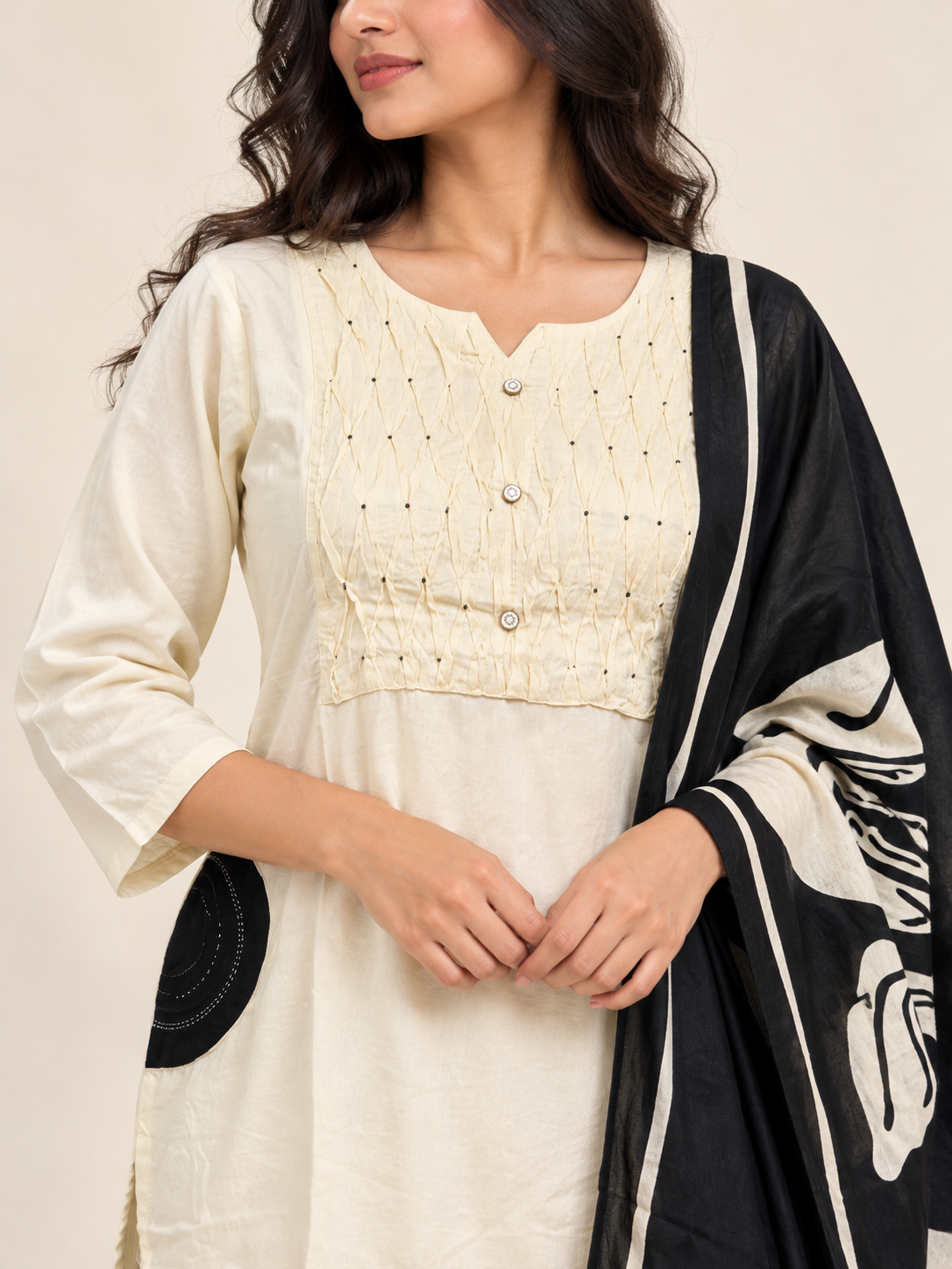 IVORY SALWAR SET WITH BLACK PRINTED SHAWL