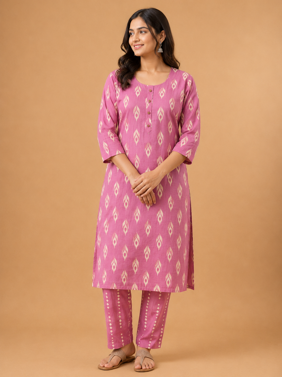 PINK IKAT PRINT CASUAL WEAR KURTI SET
