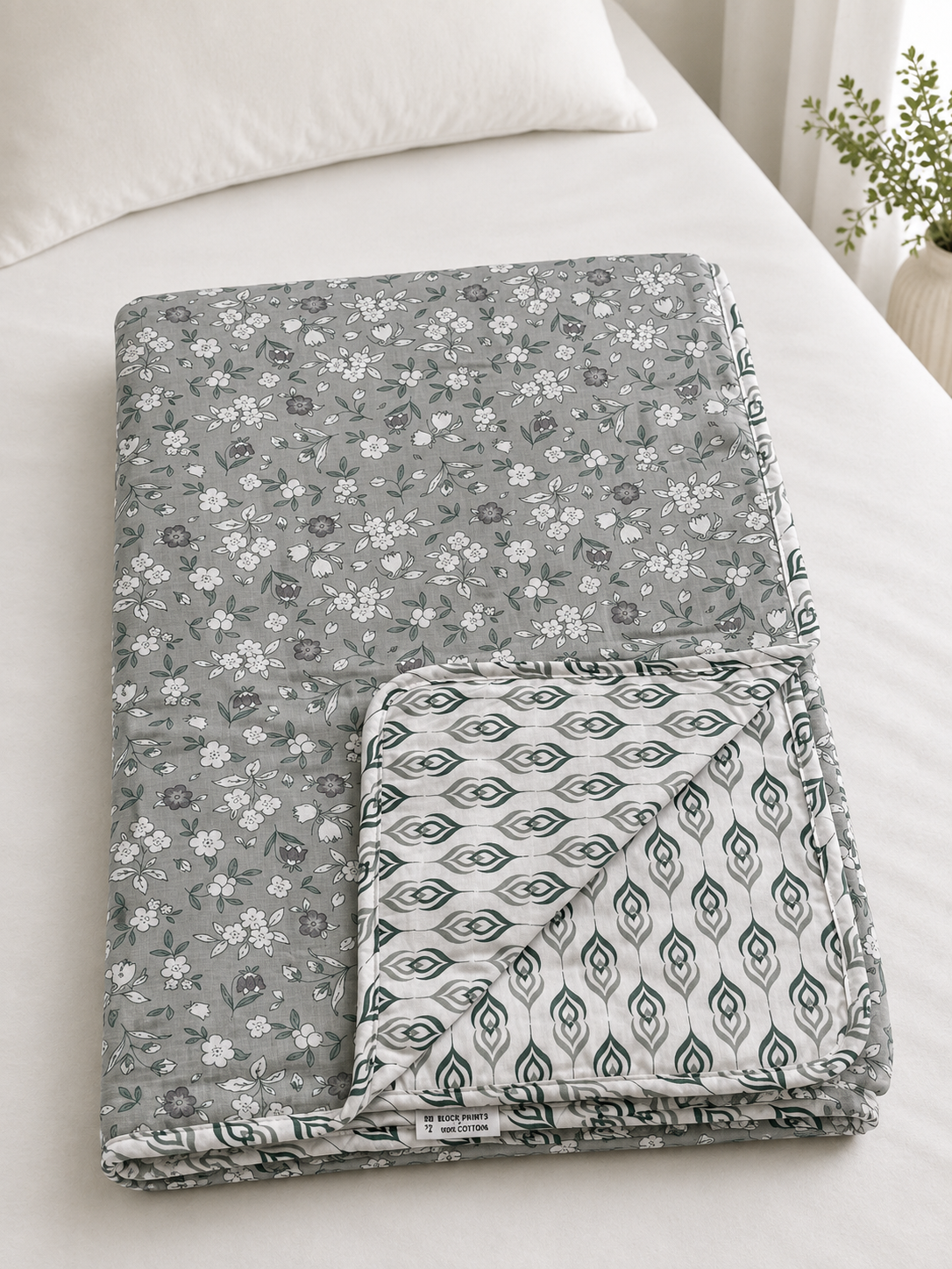 SAGE GREY FLORAL PRINTED COTTON DOHAR