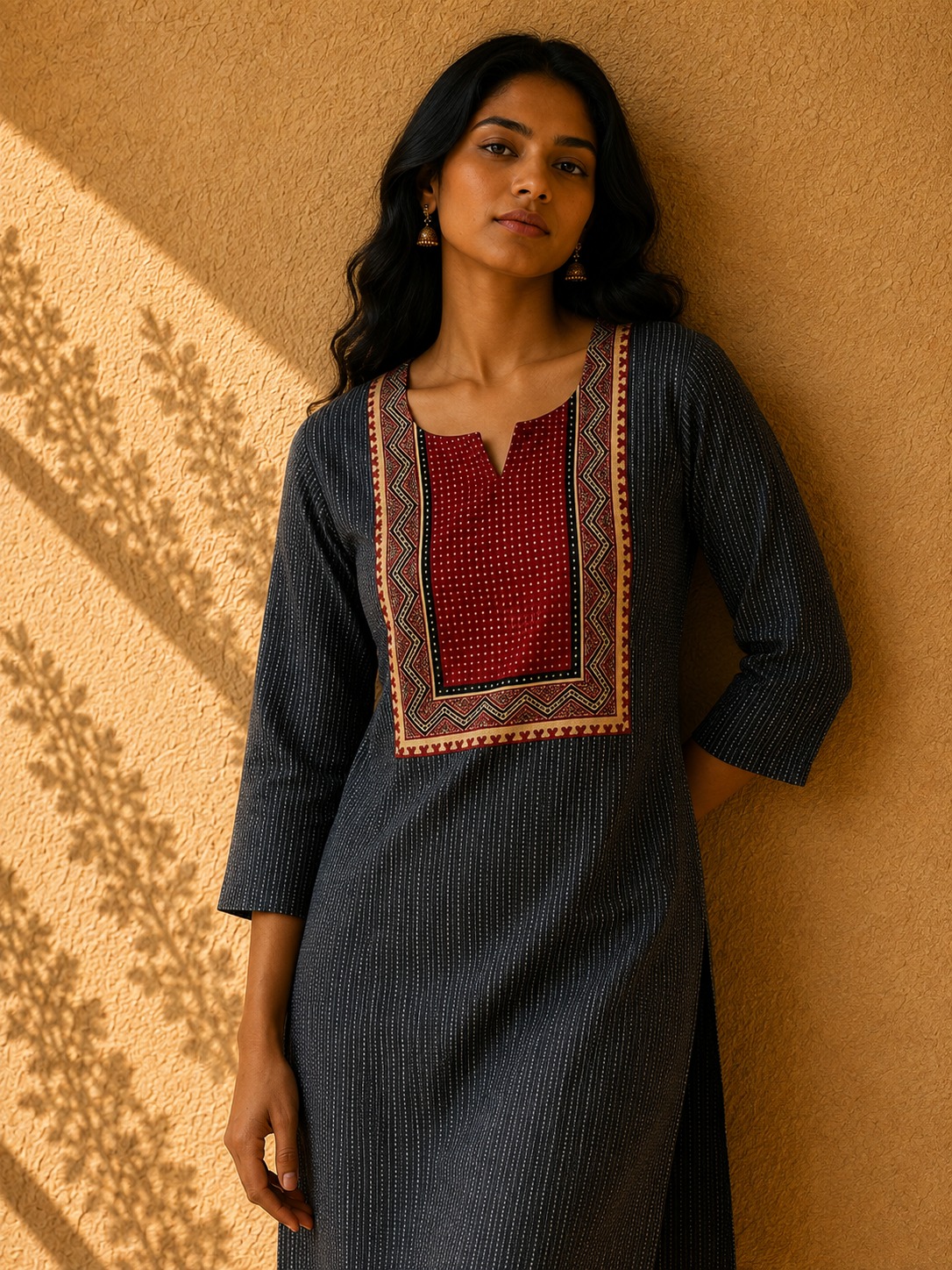 KANTHA KURTHI SET (GREY DOTS)