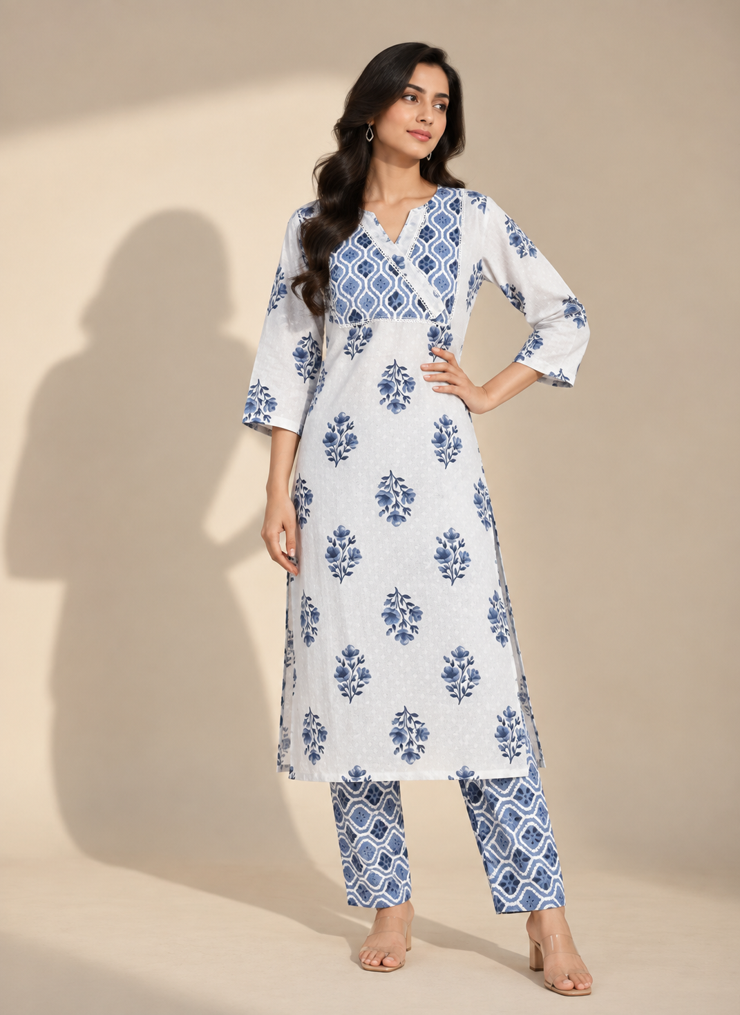 INDIGO FLORAL PRINTED COTTON BLEND KURTI SET