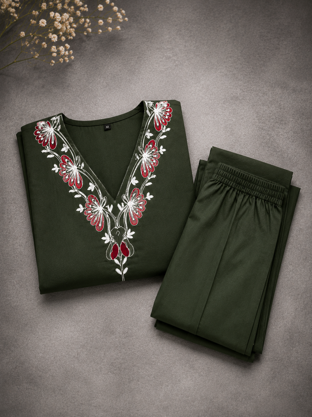 DHABU COTTON KURTHI SET (DARK OLIVE GREEN)