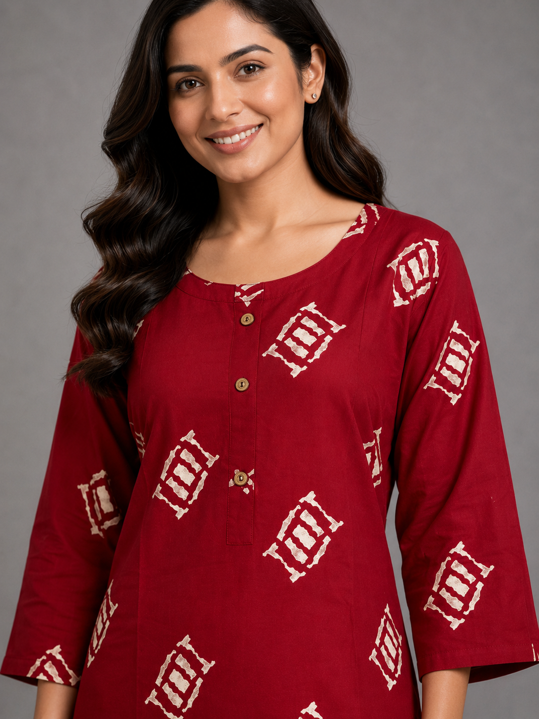 CASUAL WEAR GEOMENTRIC BRICK RED KURTHI