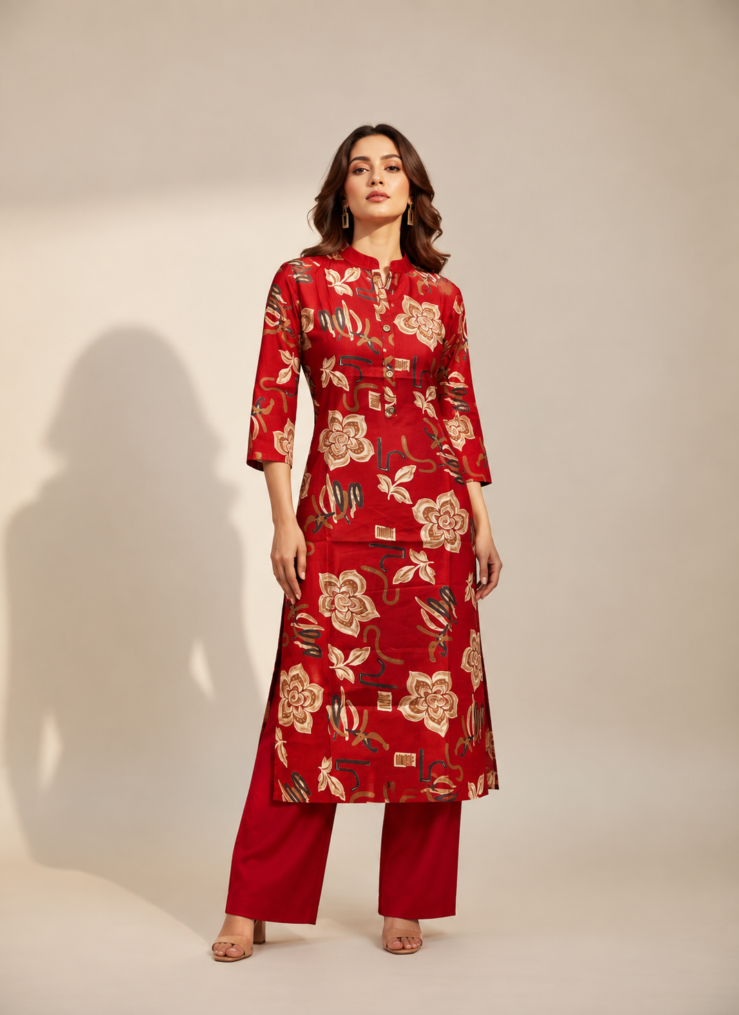 RUST ORANGE FLORAL PRINTED KURTI SET