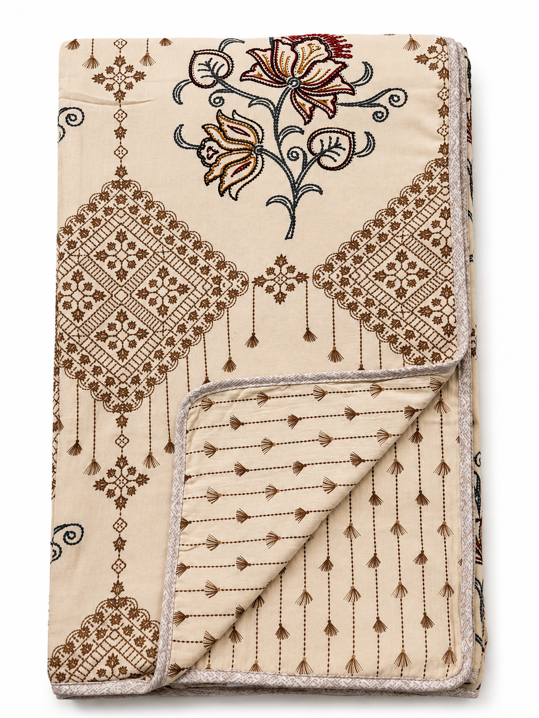 BEIGE BOHEMIAN FLORAL PRINTED COTTON DOHAR
