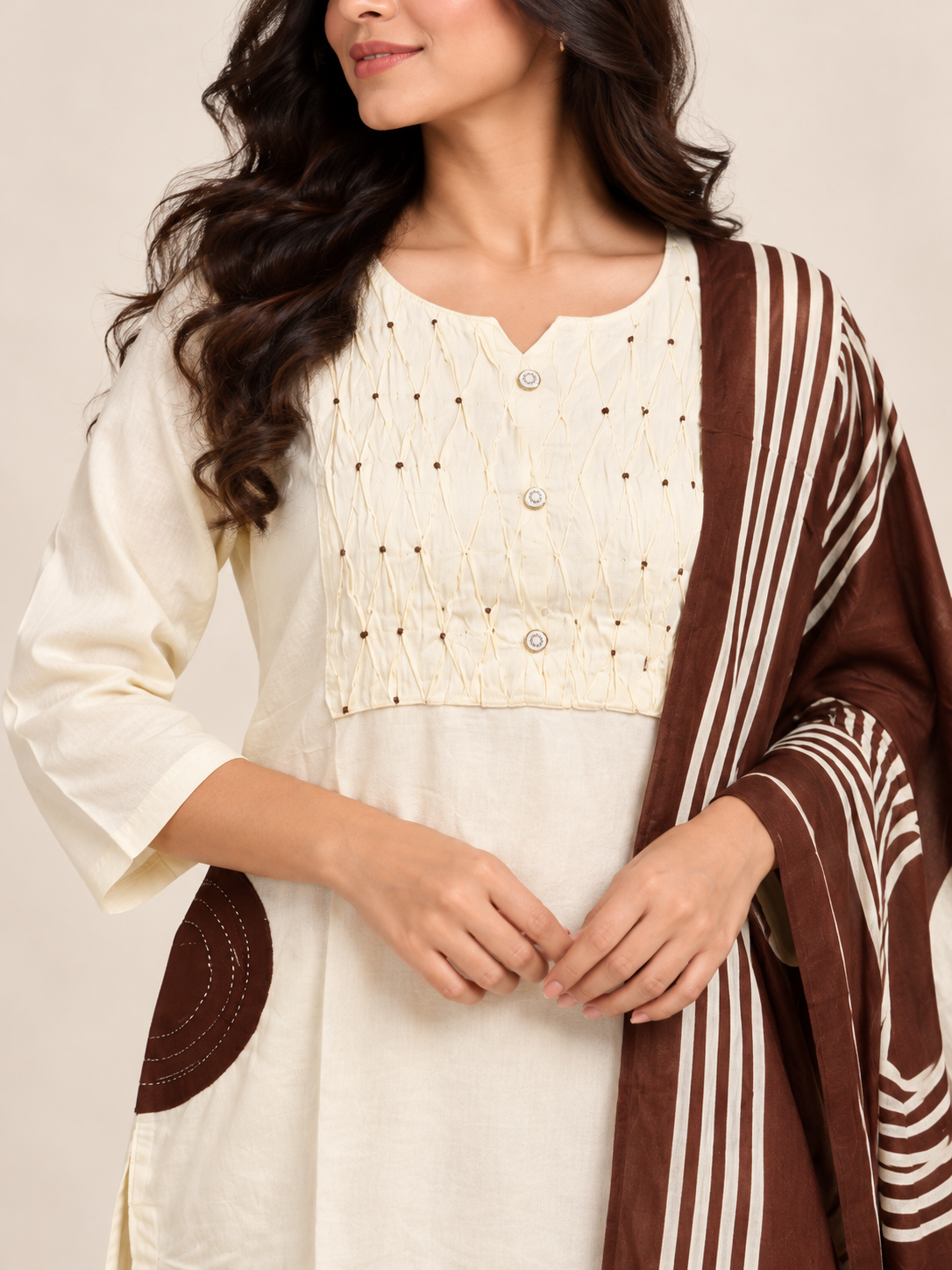 IVORY SALWAR SET WITH BROWN PRINTED SHAWL