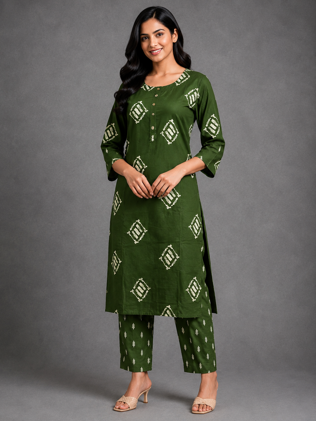 CASUAL WEAR GEOMENTRIC GREEN KURTHI SET