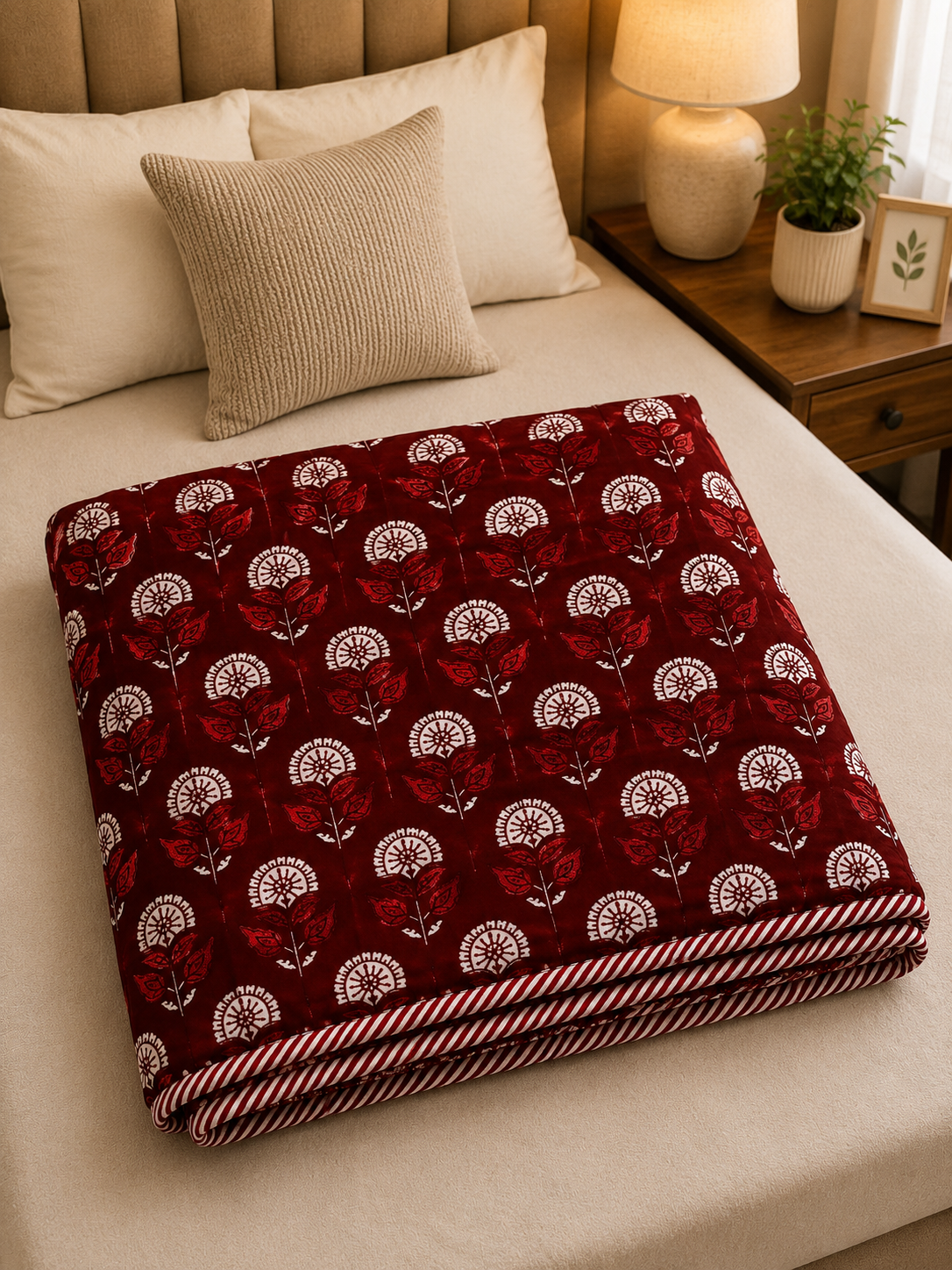 CRIMSON RED FLORAL MOTIF PRINTED COTTON DOHAR