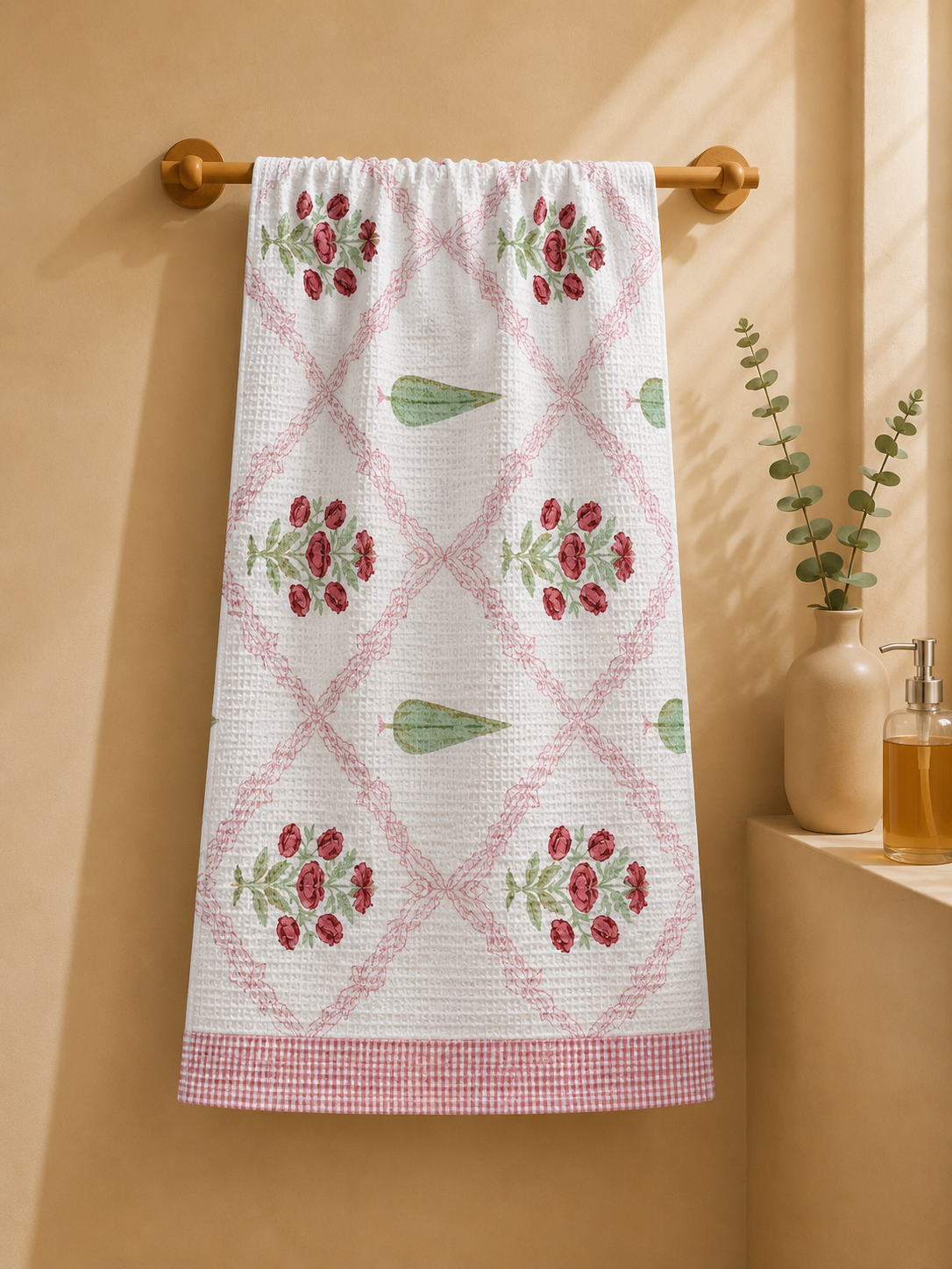 COTTON WAFFLE BATH TOWEL – IVORY WHITE WITH BLUSH PINK FLORAL PRINT
