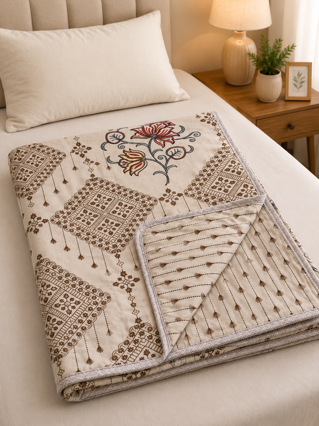 BEIGE BOHEMIAN FLORAL PRINTED COTTON DOHAR