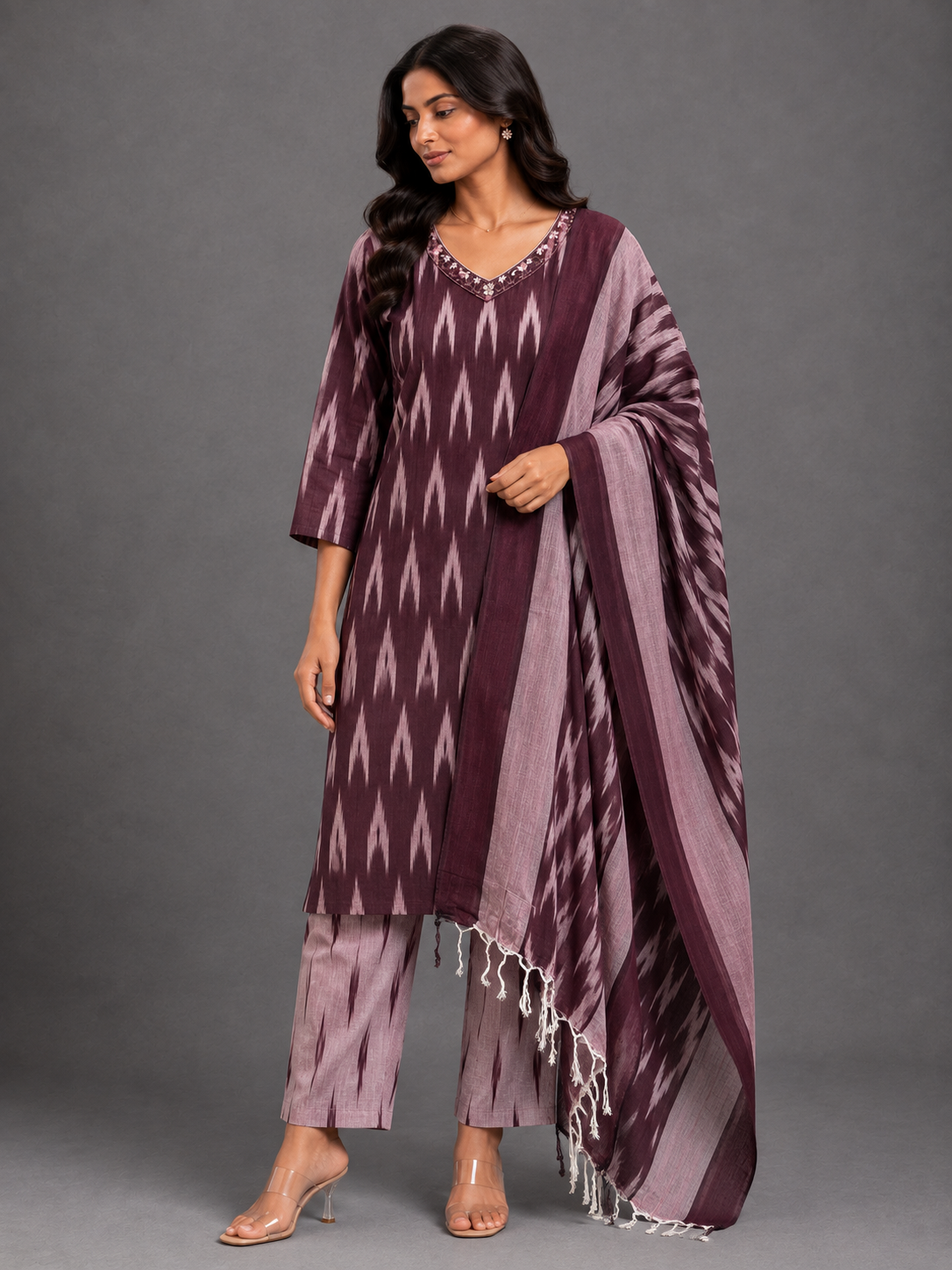 BROWN IKAT HANDLOOM COTTON SUIT SET