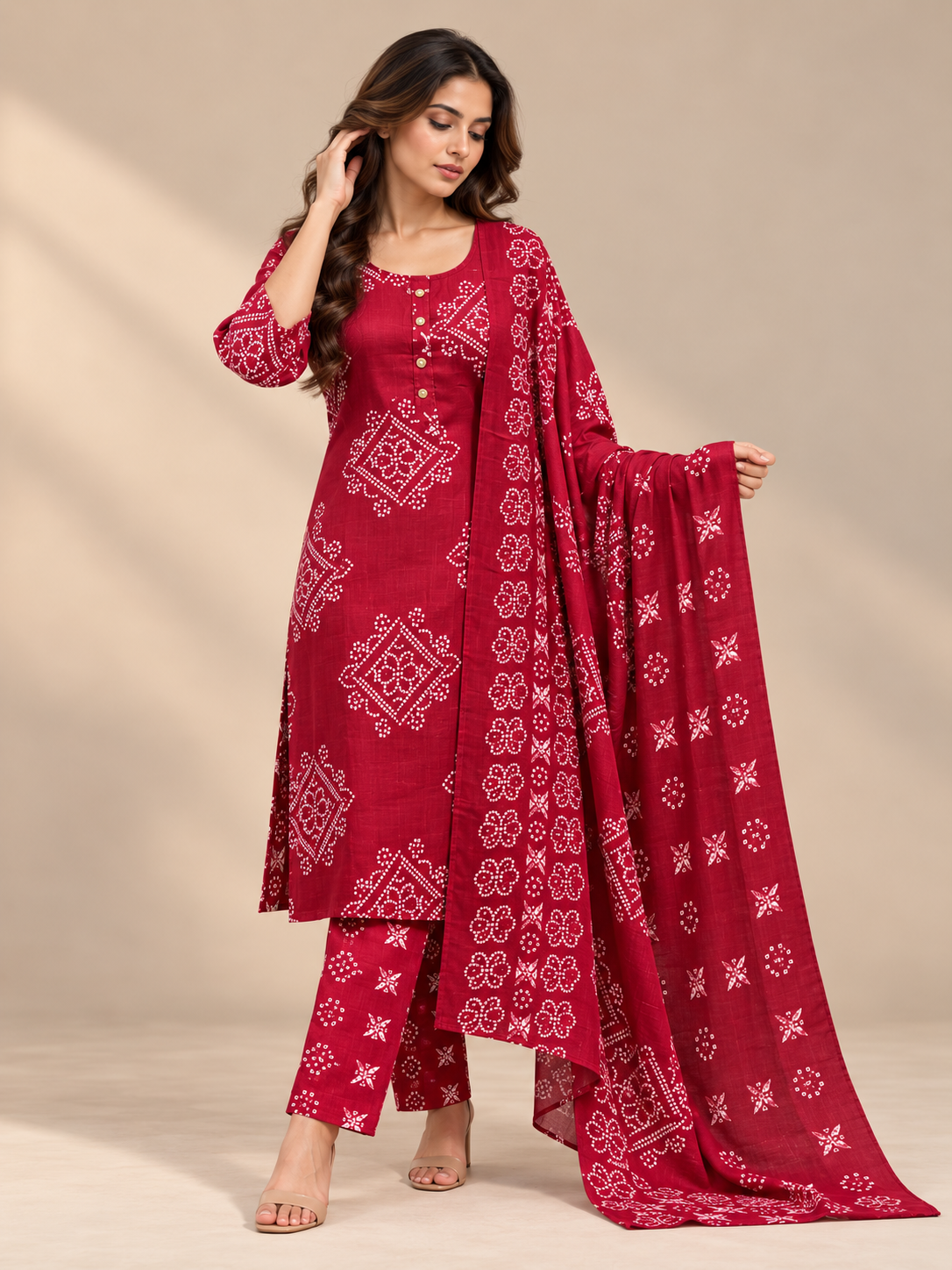WINE BANDHANI PRINTED COTTON-BLEND SALWAR SET