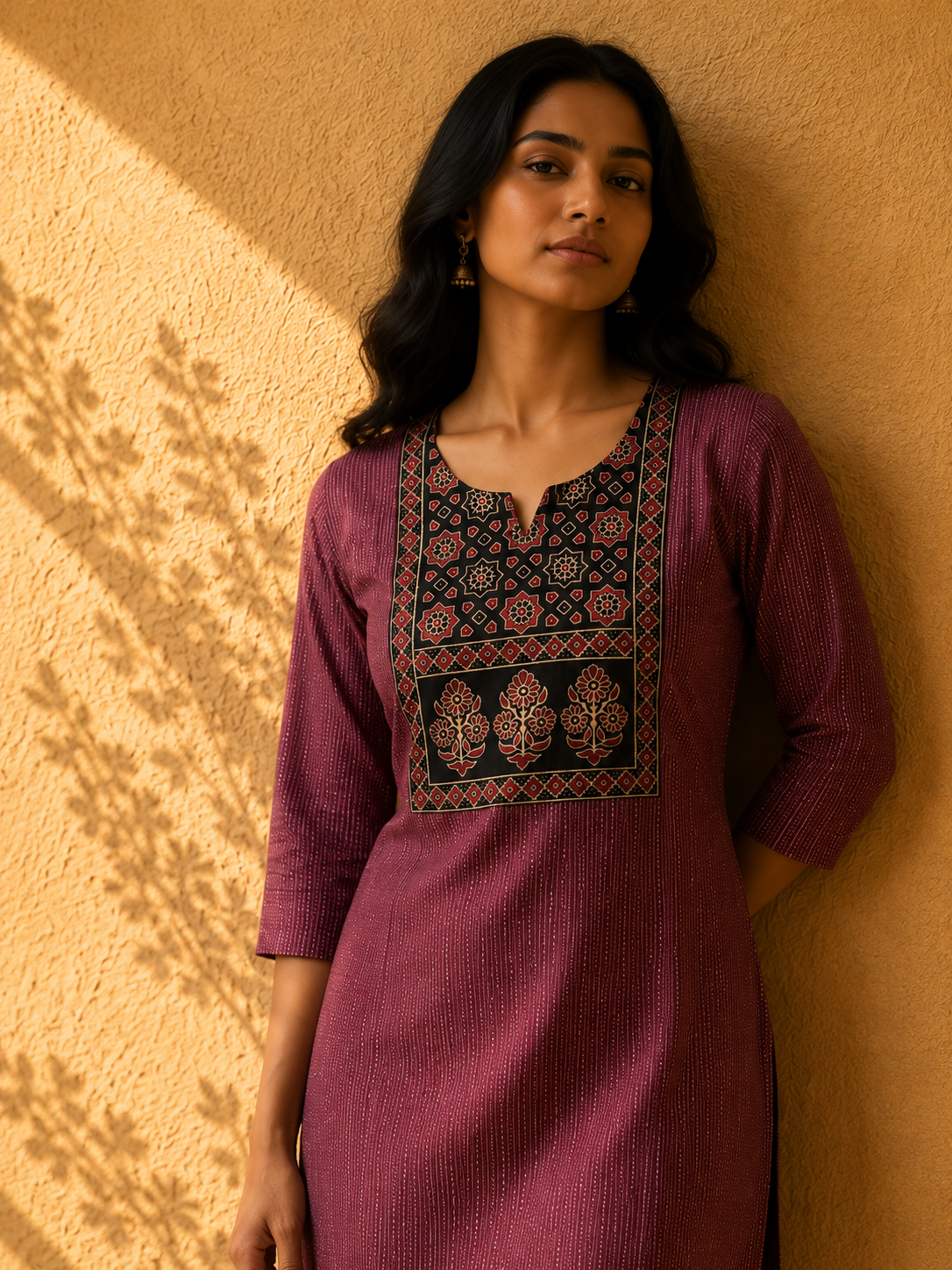 KANTHA KURTHI SET (DARK MAROON FLORAL)