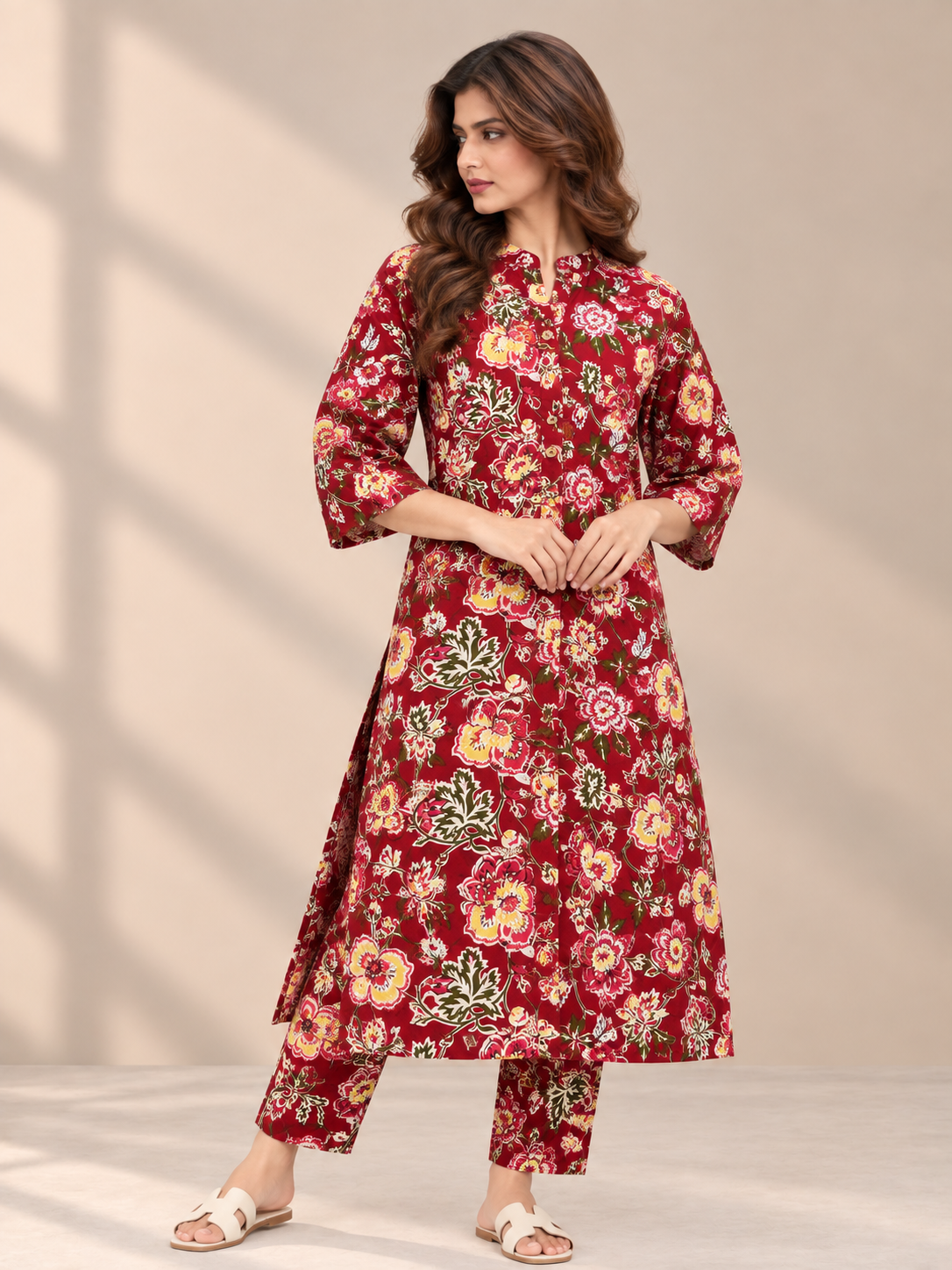 CHERRY RED FLORAL PRINTED COTTON BLEND KURTI SET