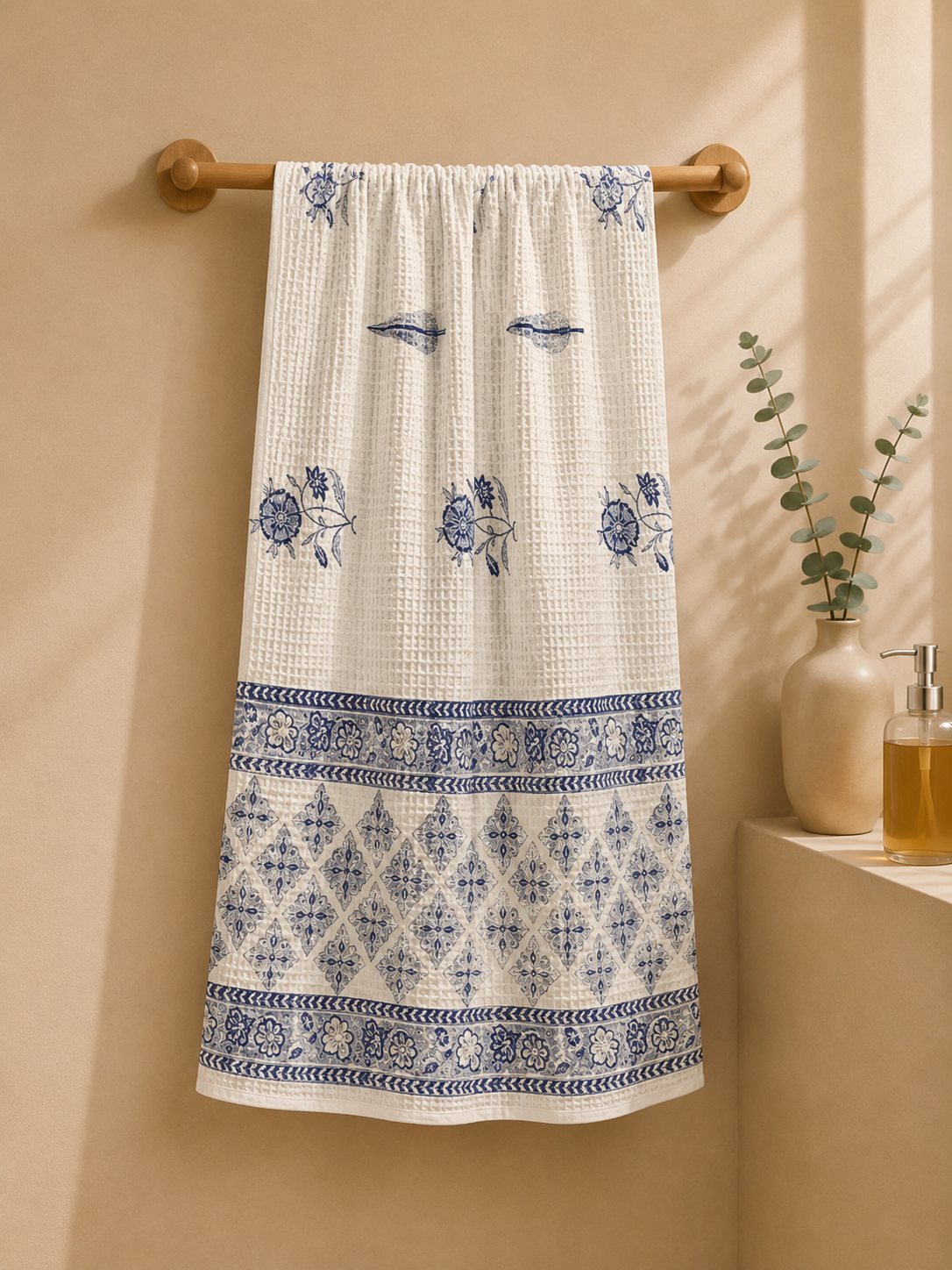 COTTON WAFFLE BATH TOWEL – IVORY WHITE WITH INDIGO FLORAL PRINT