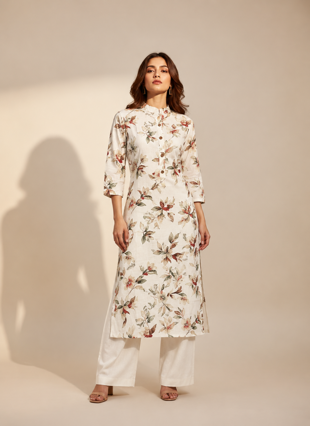 IVORY FLORAL PRINTED VATICAN SILK KURTI SET