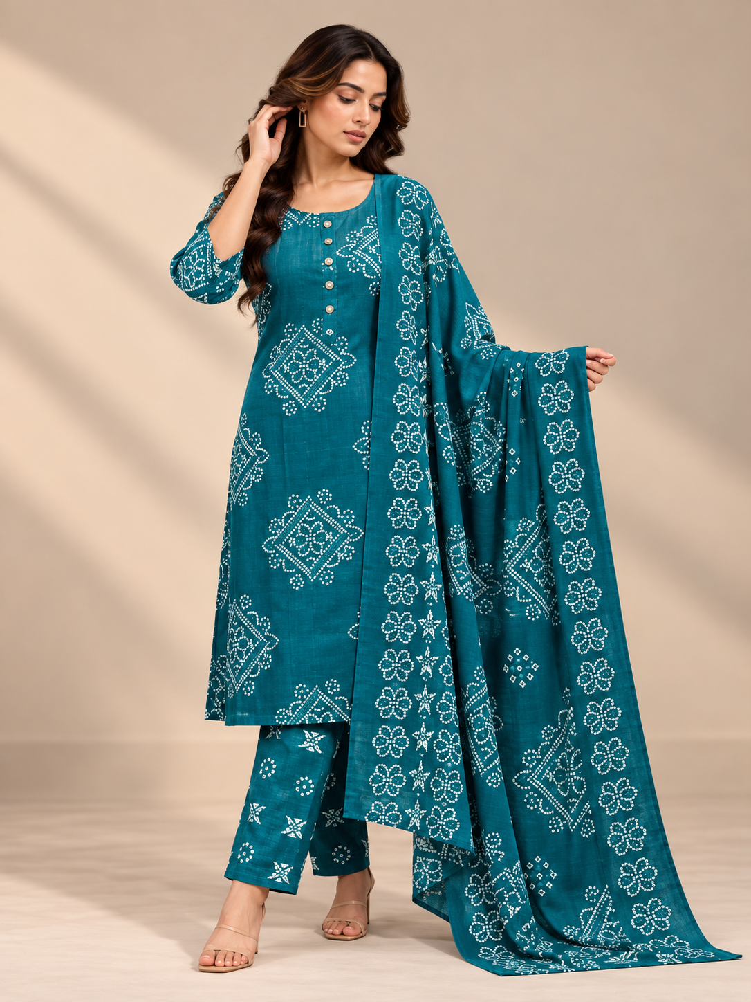 TEAL BLUE BANDHANI PRINTED COTTON-BLEND SALWAR SET