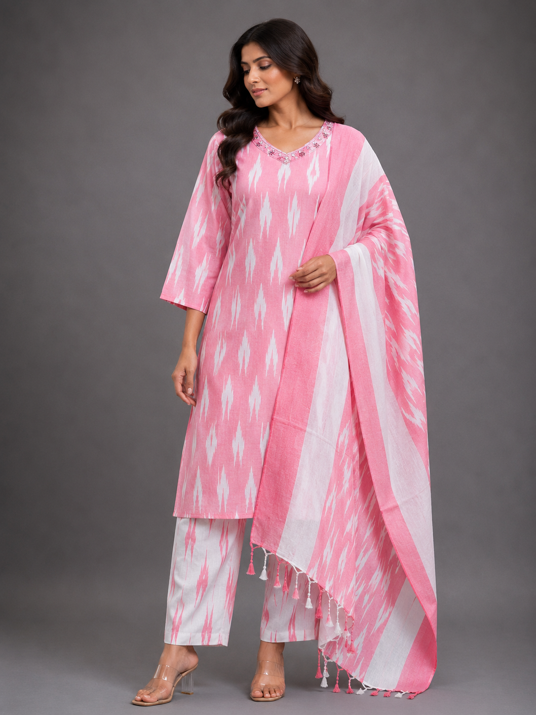 PINK IKAT HANDLOOM COTTON SUIT SET