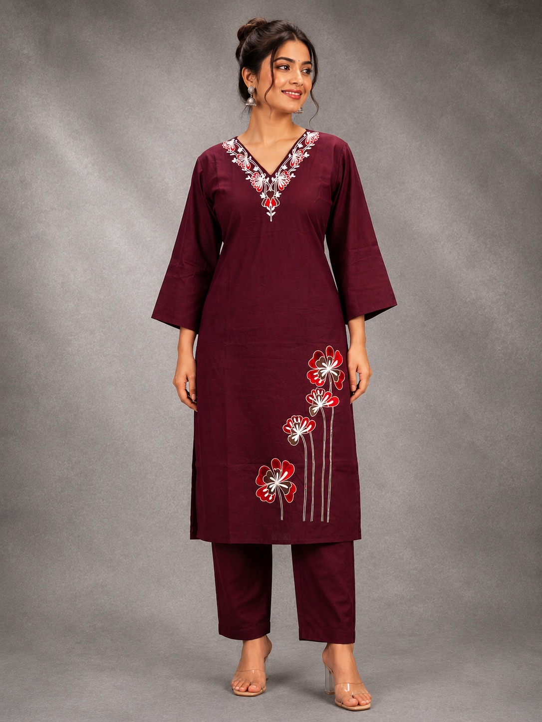 DHABU COTTON KURTHI SET (DEEP WINE)