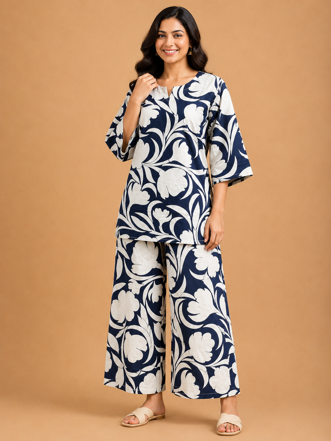 MIDNIGHT BLUE COTTON FLORAL PRINT CASUAL WEAR