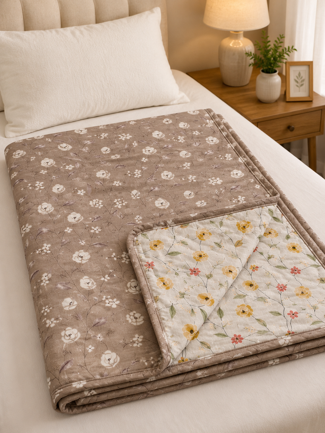 TAUPE FLORAL BLOOM PRINTED COTTON DOHAR